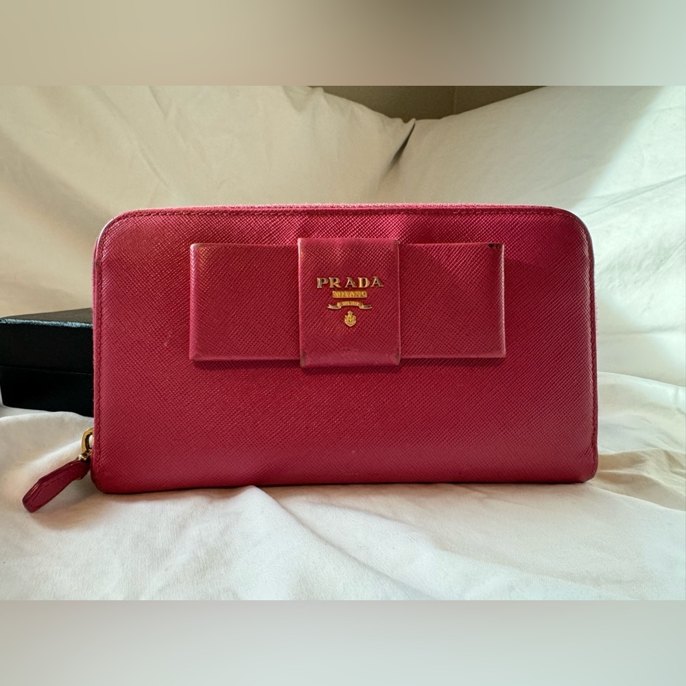 Prada Pink Saffiano Metal Leather Bow Continental Wallet